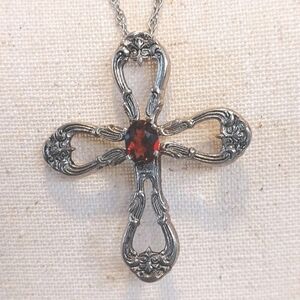 Gorham Sterling Silver Ornate Cross w Garnet Pendant Necklace w/ 30" 925 Chain